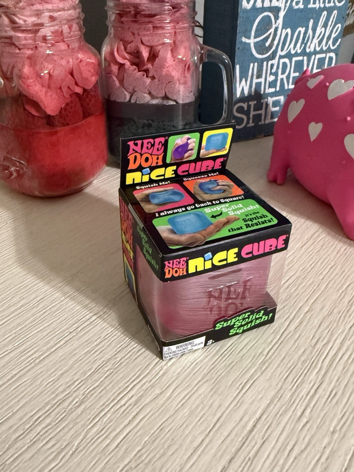 Needoh Nice Cube Pink -Sensory Squeeze Toy with Super Solid Squish - 2.25" Cube
