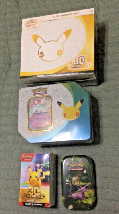 Pokemon 30th ANNIVERSARY ETB BOOSTER BUNDLE MEGA EX Tin (Sylveon) MINI TIN LOT