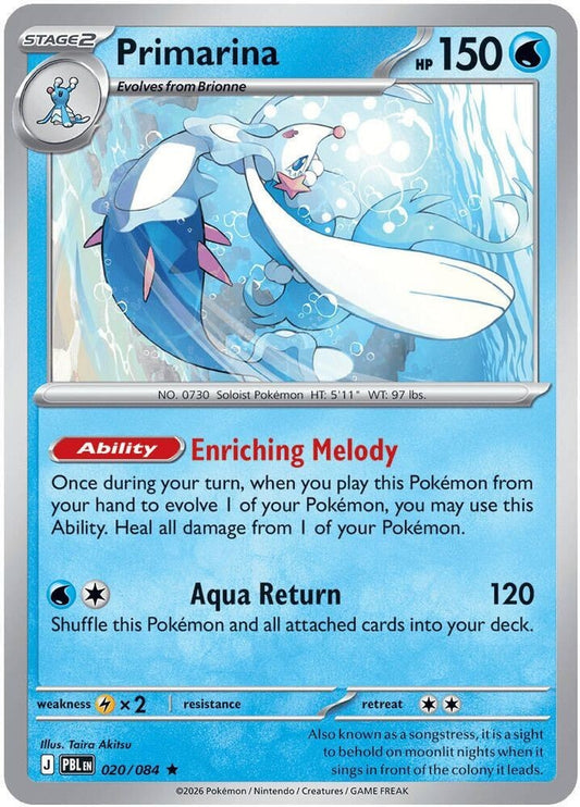 PRIMARINA 020/084 RARE PITCH BLACK POKEMON HOLO NEAR MINT