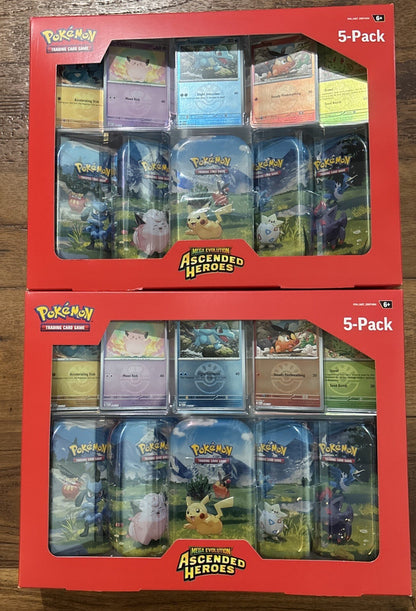 Set of 2 Pokémon TCG Ascended Heroes SEALED Mini Tin 5-Pack Costco Box - 10 Tins