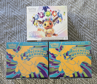Pokémon TCG Prismatic Evolutions + Ascended Elite Trainer Box ETB Lot of 3