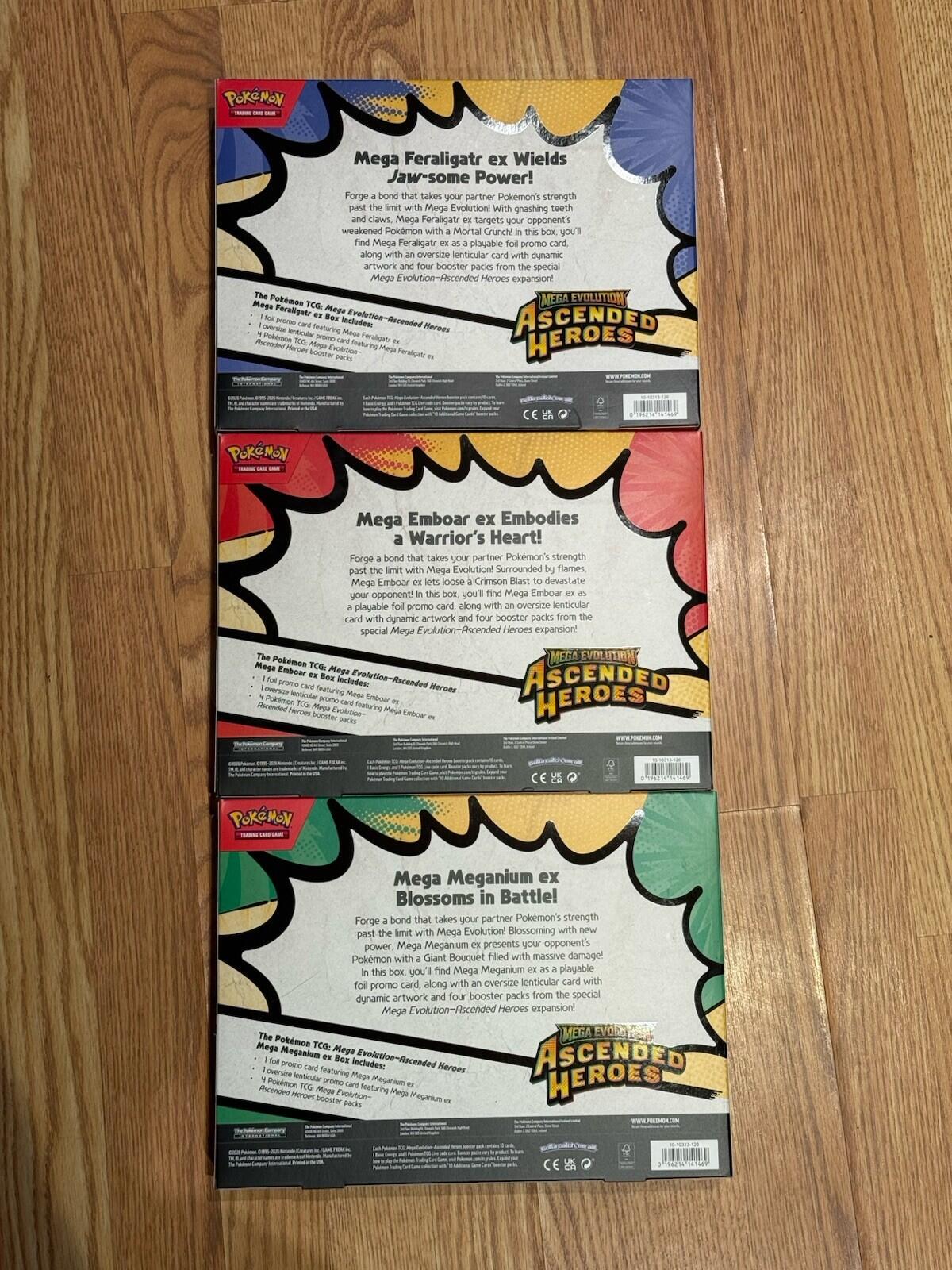 Lot of 3 Sealed Pokemon Ascended Heroes Mega ex Box Feraligatr Emboar Meganium