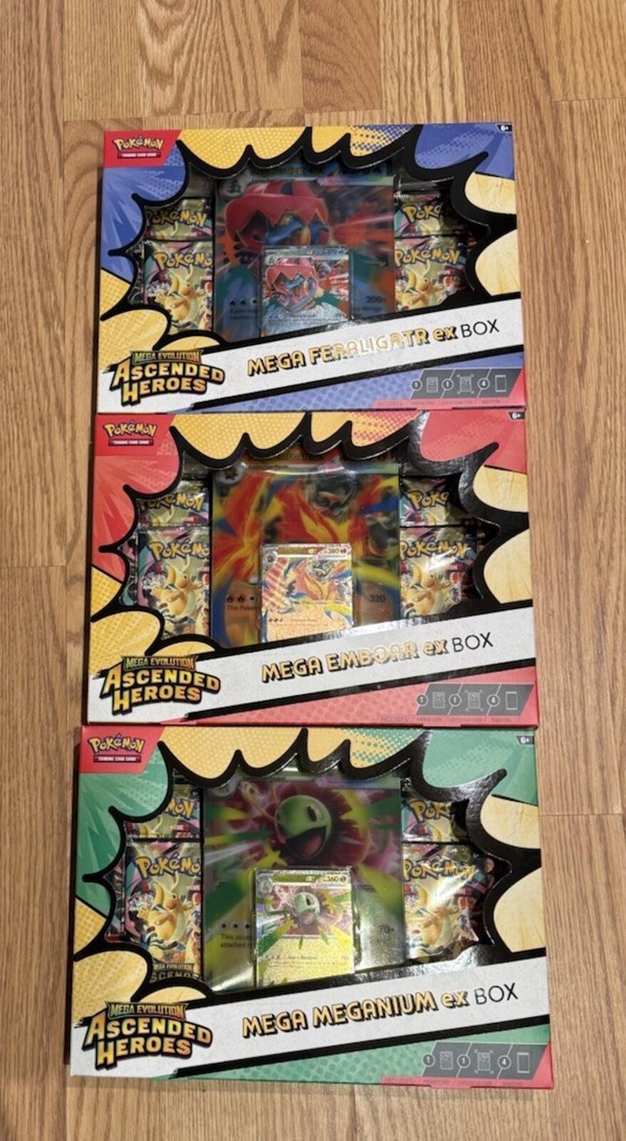 Lot of 3 Sealed Pokemon Ascended Heroes Mega ex Box Feraligatr Emboar Meganium