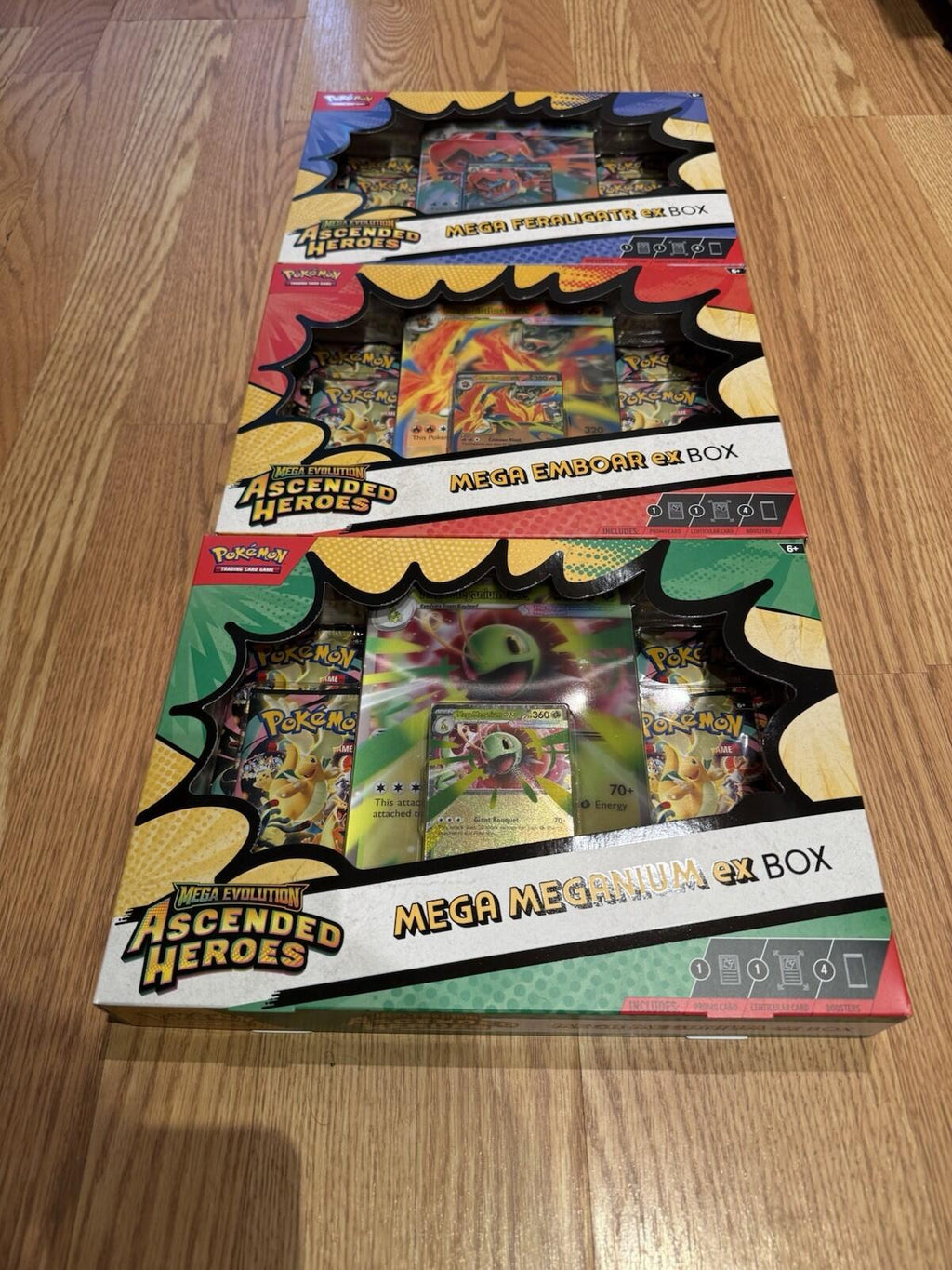 Lot of 3 Sealed Pokemon Ascended Heroes Mega ex Box Feraligatr Emboar Meganium