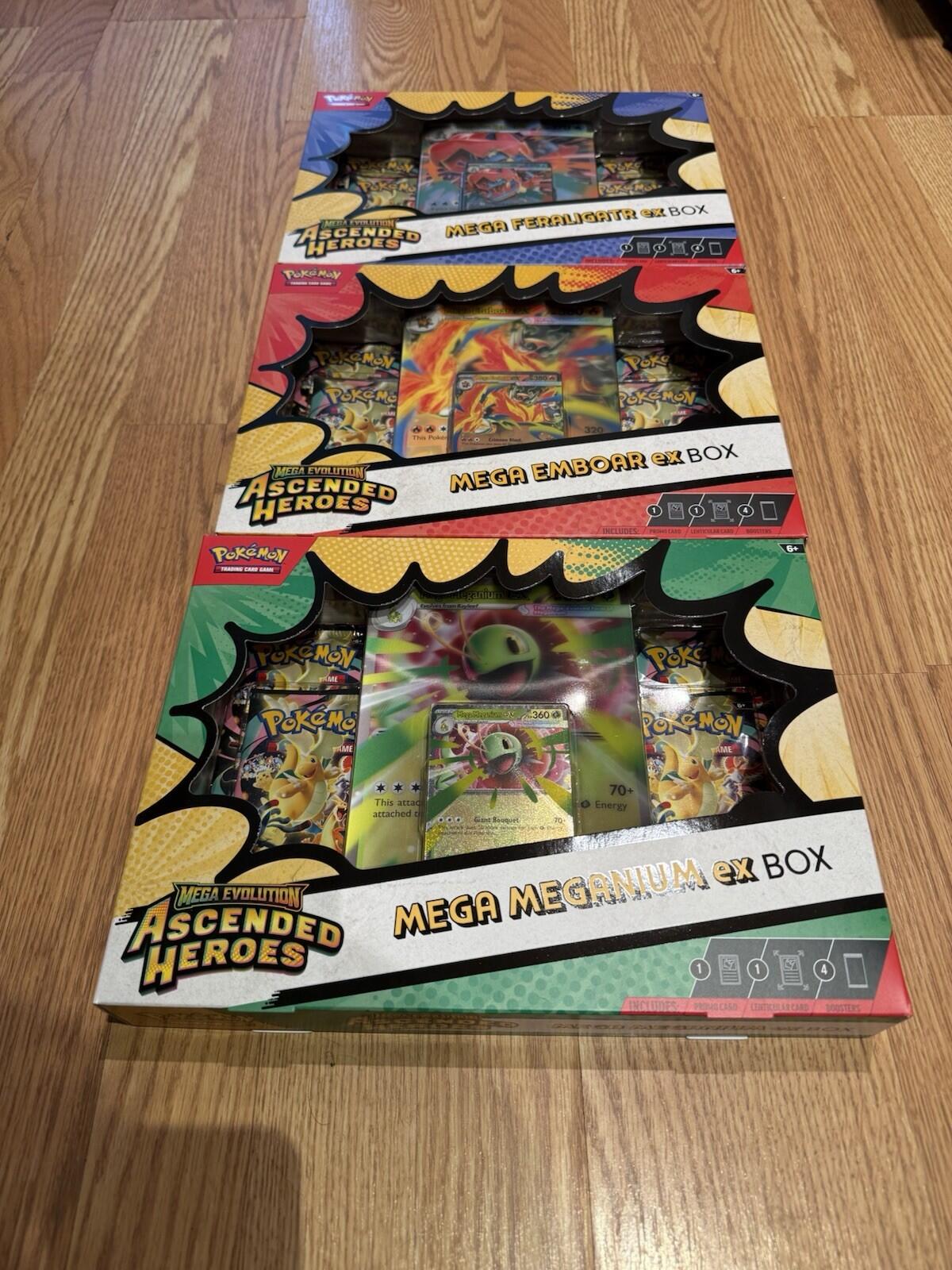 Lot of 3 Sealed Pokemon Ascended Heroes Mega ex Box Feraligatr Emboar Meganium