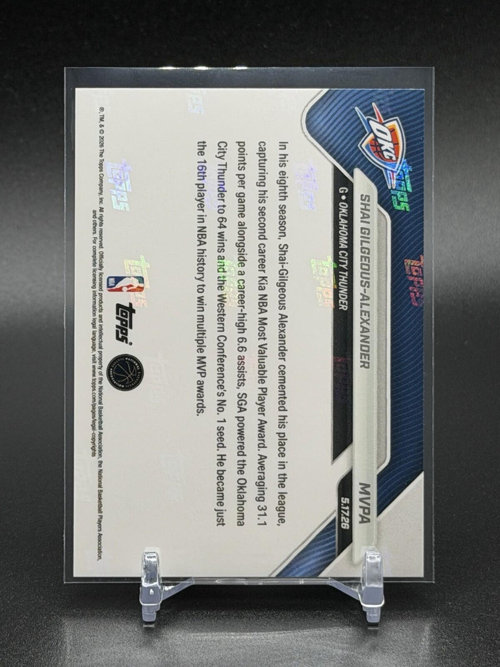Shai Gilgeous-Alexander MVP Winner 2025-26 NBA Topps NOW Card #MVPA💥IN HAND💥